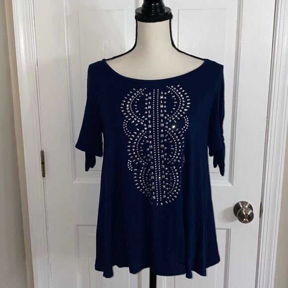 Westport Tops - Westport navy blue beaded short sleeve top size S